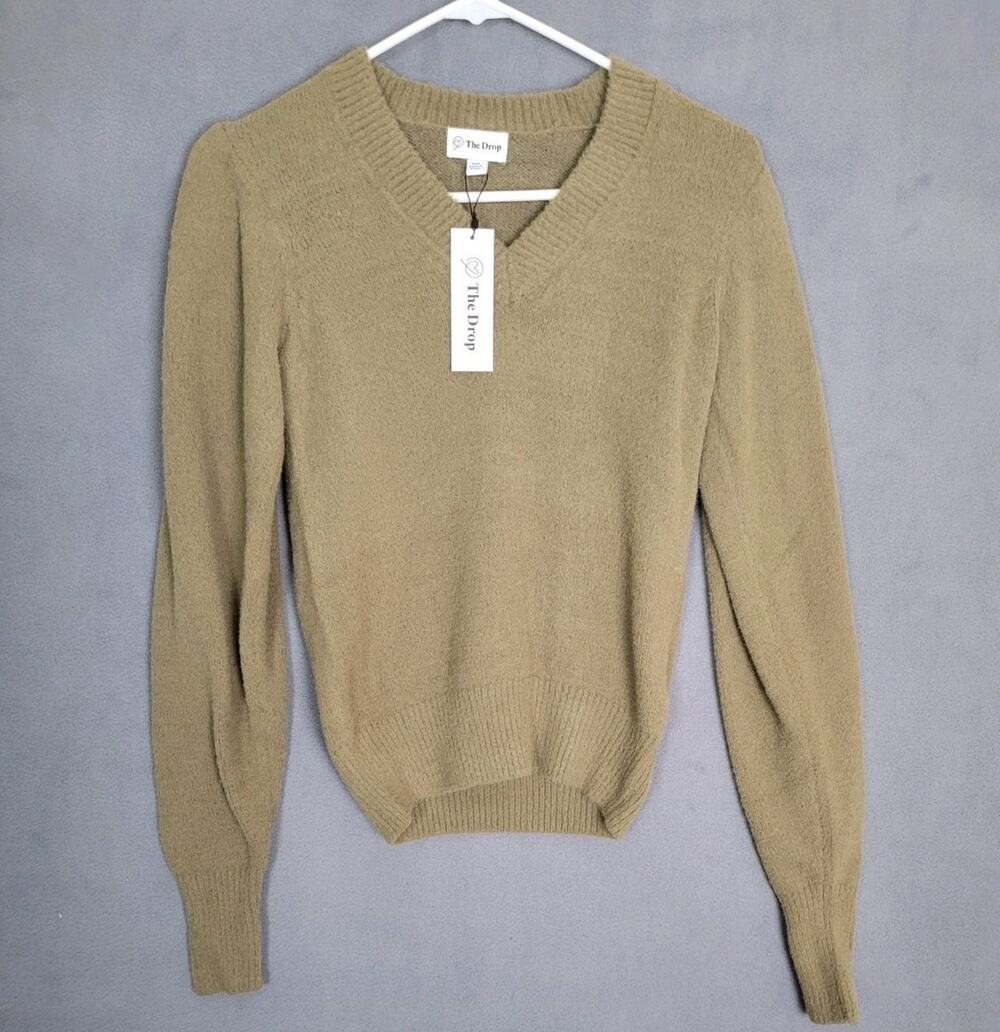 The Drop Women's Edith Pleated-Shoulder V-Neck Sweater Capers Olive Size XXS